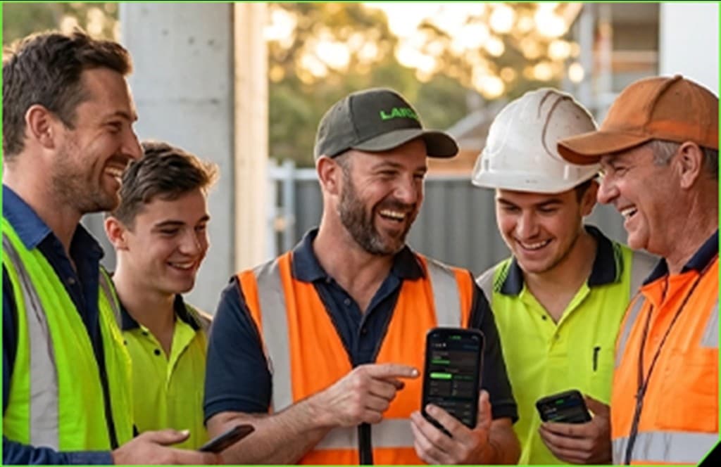 A crew in high-vis looking at Lakki on a phone